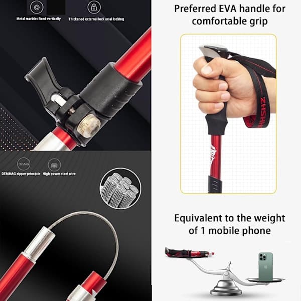 Ultralight Foldable Hiking Poles / Walking Stick 5 Sections 1 Pair - Adjustable Height Red Red