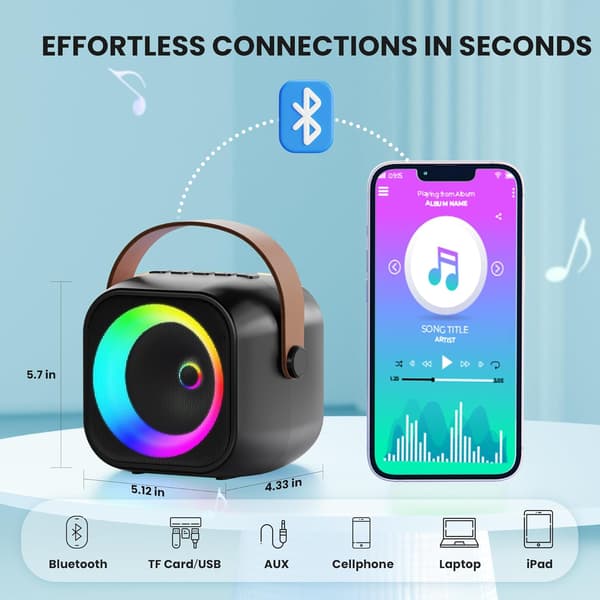 Mini Karaoke Machine, Portable Bluetooth Karaoke Speaker with 2 Wireless Microphones and Party Lights