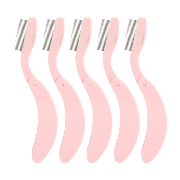 5 Pcs Curved Handle Eyelash Comb Stainless Steel Foldable Eyelash Comb Tool for Makeup Pink