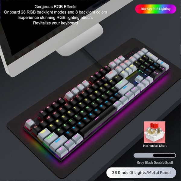 Full Size Mechanical Keyboard, 104 Keys, USB Wired Gaming Keyboard with Numeric Keypad, Red Switch for Windows, Black Grey