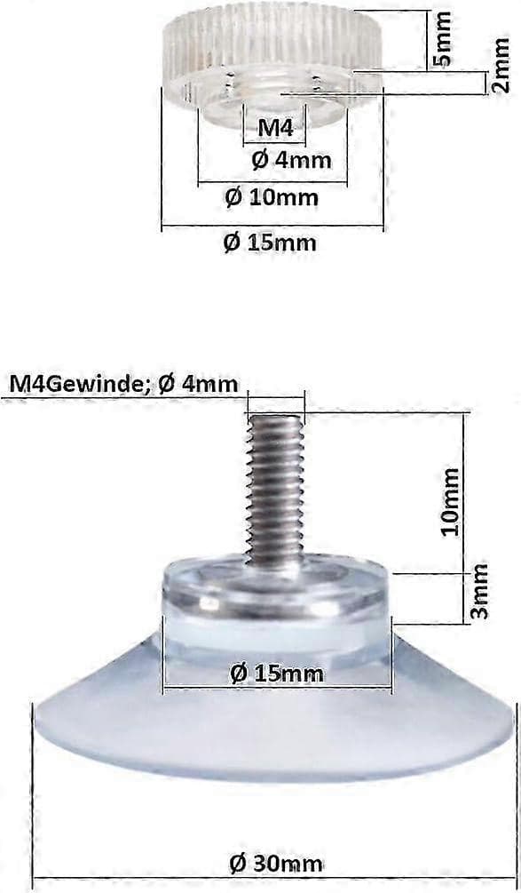 8 x Suction Cups 30 mm with M4x10mm Thread Knurled Nuts Transparent - Made in