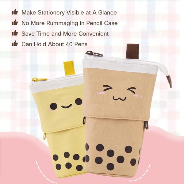Durable Telescopic Canvas Pencil Case with Cute Milk Tea Pattern