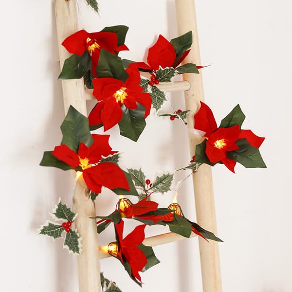 9.8ft Red Christmas Garland with String Lights, Artificial Velvet Flowers