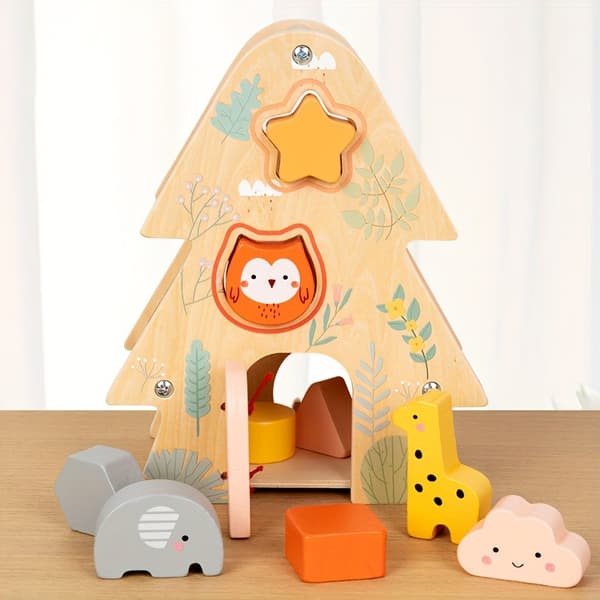 Wooden Shape Sorting Toy - Wisdom House with Animal Blocks, Educational Gift for Babies Big Tree Smart House