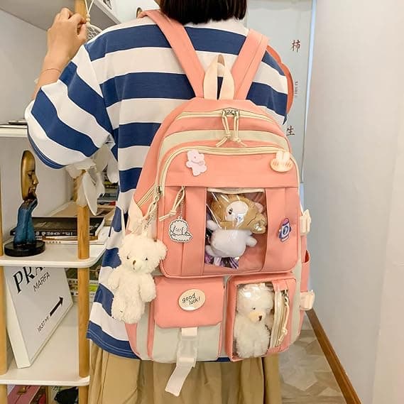 5-delt kawaii-skolerygsæk i lærred - sæt til piger