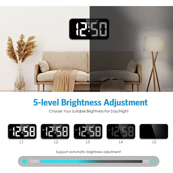 Stor digital väggklocka 28 cm med automatisk dimning och tyst läge för vardagsrum [JUN]
