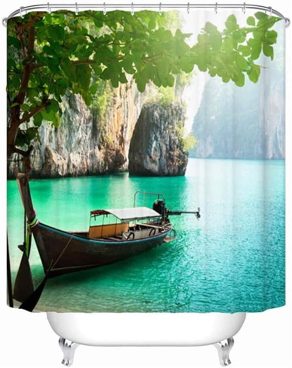 Topmail Waterproof Shower Curtain 3D Bathroom Curtain with 12 Hooks 100% Polyester Boat Shape and Green, 180*180 cm