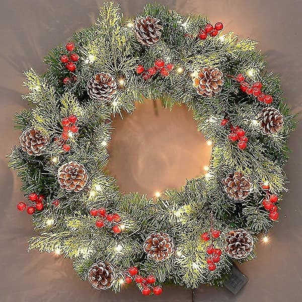 Artificial Christmas Wreath with Lights, Flocked with Mixed Decorations and Pre-wired White LED Lights