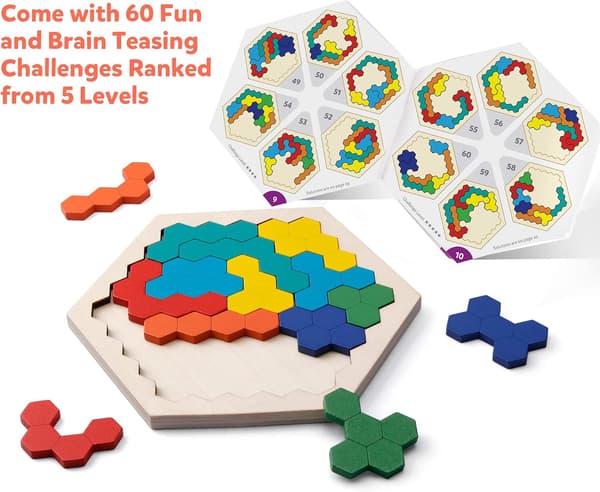 Kuusikulmainen puupalapeli - Muotopalikat Tangram Aivopeli Lelu