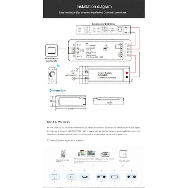 LED Lysstrimmel Intelligent Dæmpning Monokrom Controller 2.4G Trinløs Dæmpningspanel Fjernbetjeningsmodul Dæmper