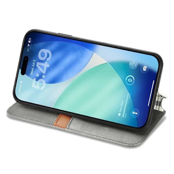 iPhone 17 Etui Læderetui med Kubisk Ternmønster og Magnetisk Lukning Grå Grå Grå