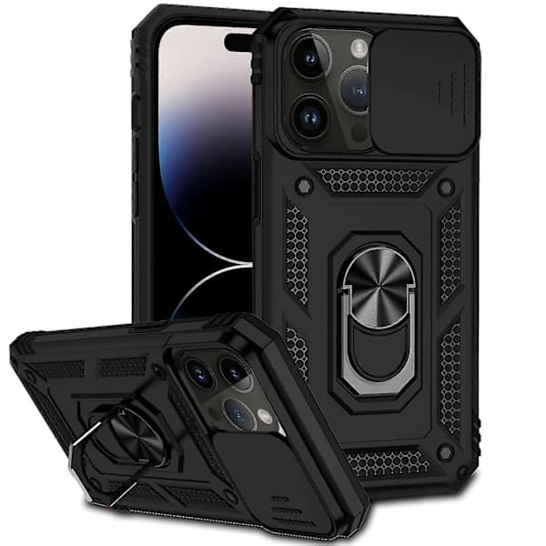 Etui med skyvbar kameralinsebeskyttelse og holder for iPhone 14 Pro Max