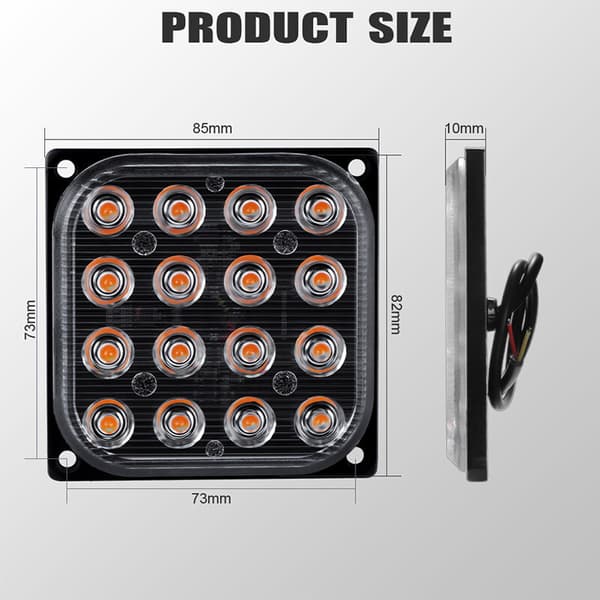 Firkantet 16-LED blinkende sidemarkeringsindikator brems baklys for