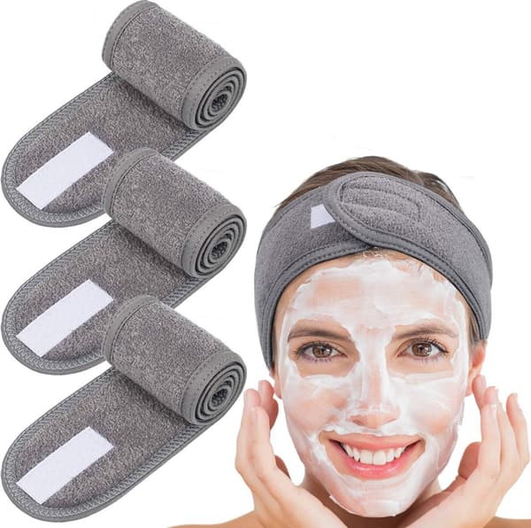 Frotté Turban Pannebånd, Grå, Borrelås Elastisk for Sport & Yoga, Spa Ansiktstilbehør