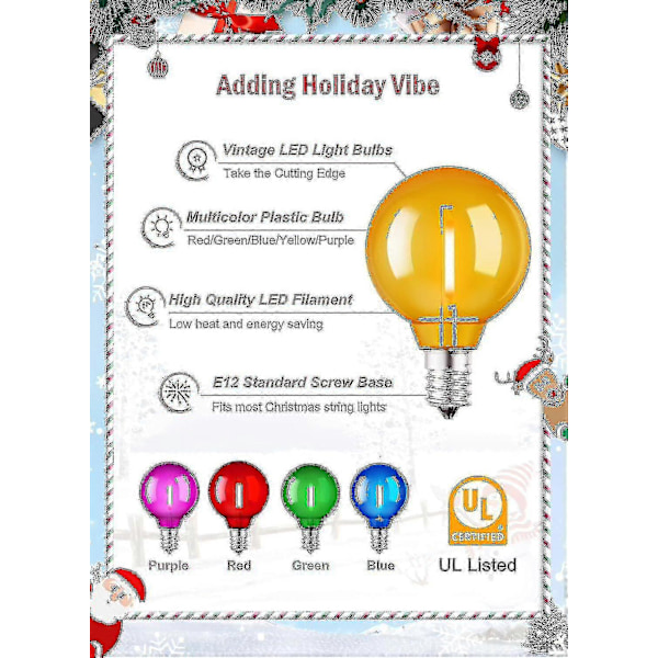 Premium 25-pack Multicolor G40 LED Julgransbelysning UL-certifierad 1 Watt E12/C7 Ljushållarbas Plast Splittersäker LED-lampor