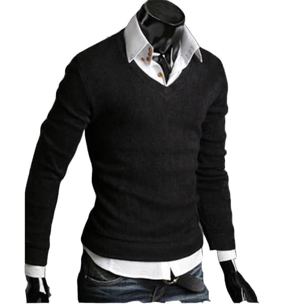 Klassisk V-hals herresweater - Langærmet pullover L Sort