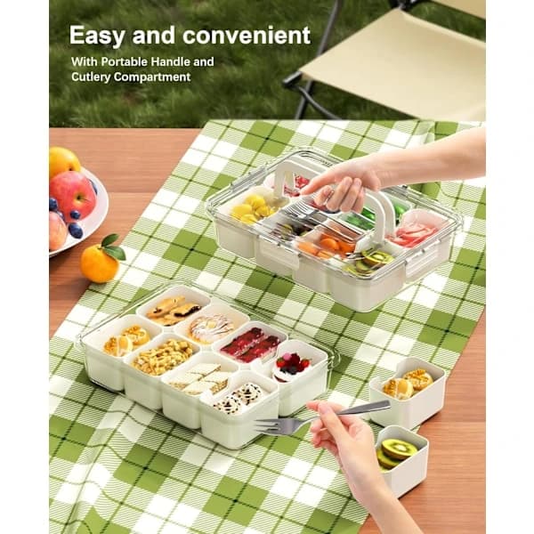 Divided Snack Box with Lid and Handle, Portable 8-Compartment Snack Tray for Storing Fruit, Candy, and Lunch, Transparent