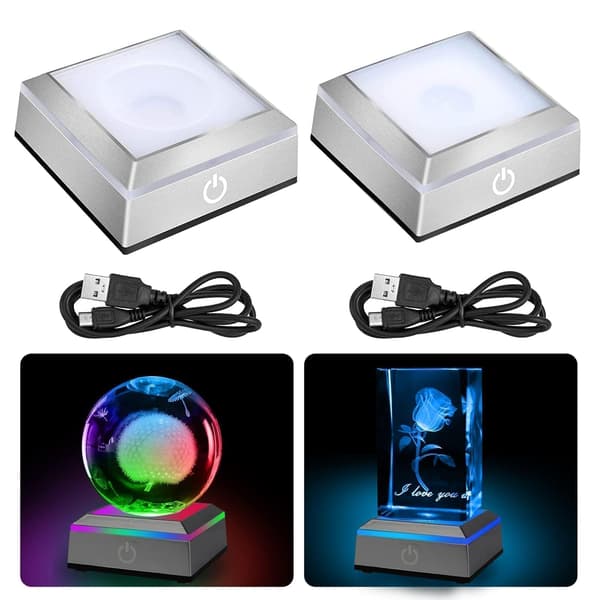 LED-lysbase til krystaller, 2-pak firkantet 6-farvet lysbase til 3D-glaskunstdisplay, flad og konkav base
