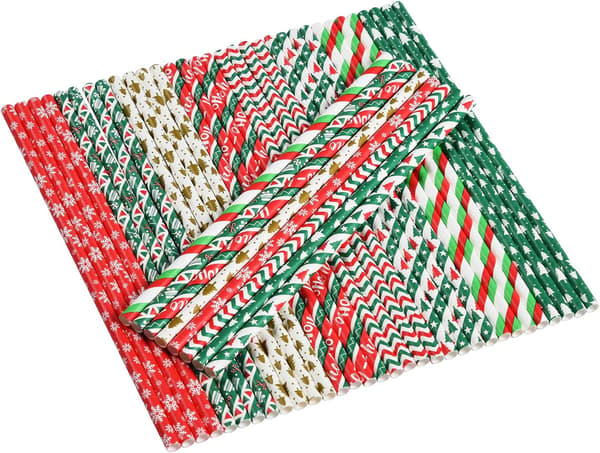 200 julepapperssugrör, 8 stilar randiga julgran snöflinga