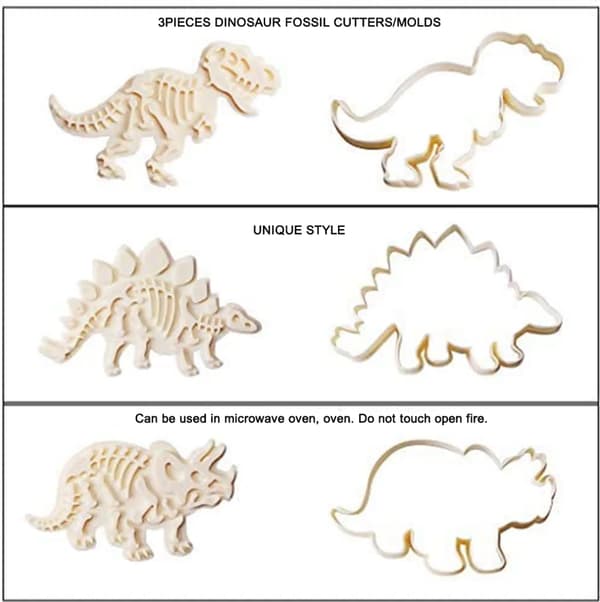 Dinosaur Skeleton Cookie Cutters Set, White Acrylic Triceratops, T-Rex and Stegosaurus for Baking