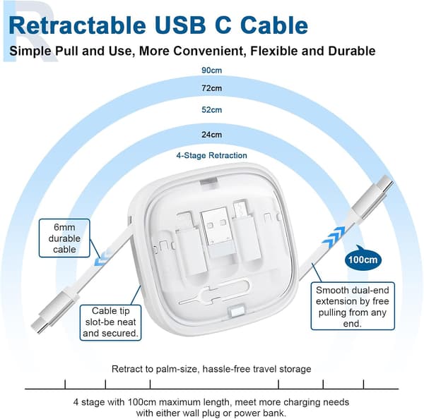 Multi-Charging Cable Storage Box, 3FT 60W Retractable USB C Cable and Adapter Set, Storage Case and SIM Card Removal Tool, White+Black