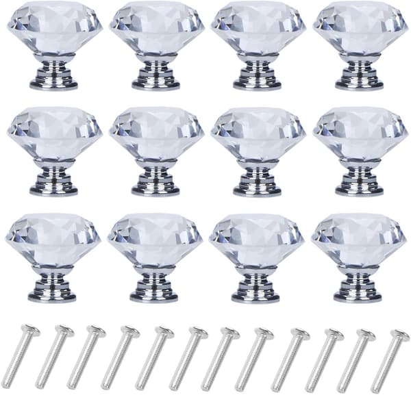 12-pack Knobs for Drawers, Diamond-shaped Crystal Glass, 40mm, Cabinet Knobs