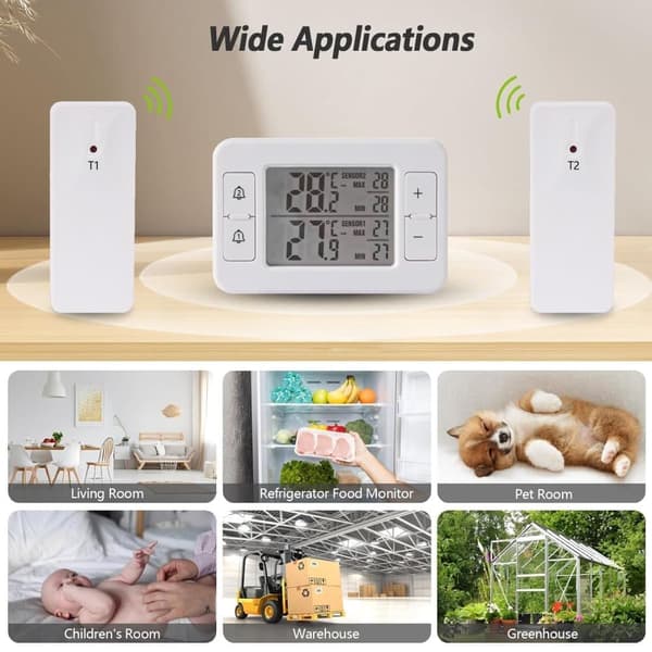 Digital Fridge and Freezer Thermometer with 2 Wireless Sensors, LCD Screen, Min/Max Function and Audible Alarm