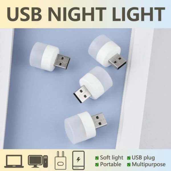 5-pak USB Bærbar LED Mini Natlampe Lille Rund Lampe VARM HVID