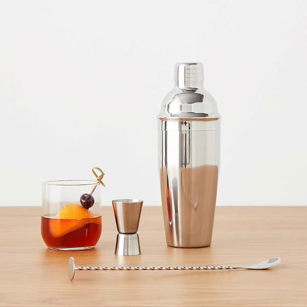 3-delt barsett i rustfritt stål, 710 ml shaker, blandeskje, jigger