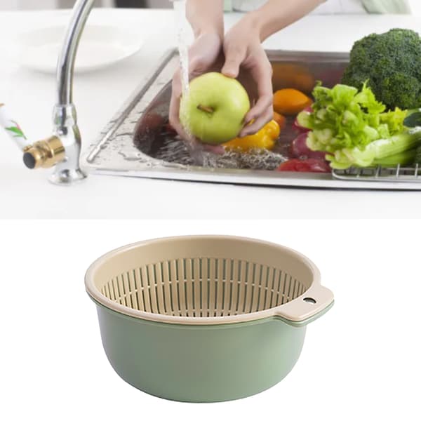 Fruit Vegetable Washing Basket Round Double Layer Kitchen Colander Bowl Set for Fruit Vegetable Washing Green