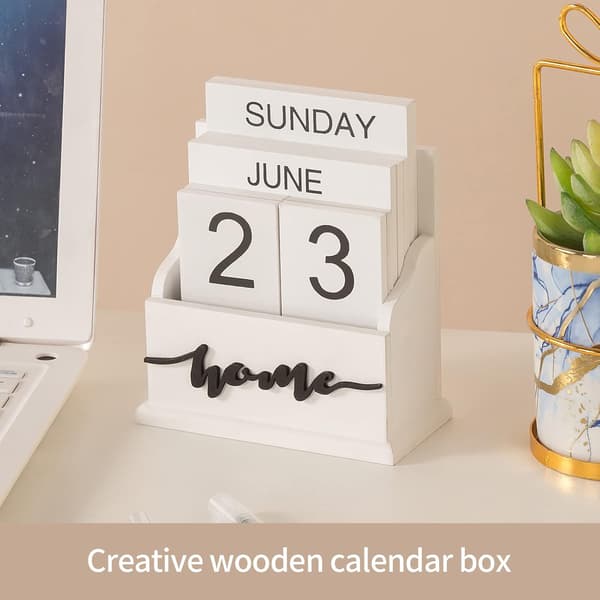 Evighetskalender i tre, Søt måned uke dato display daglig skrivebord treklosser, Gjenbrukbar årlig, Hvit k-FX- Hvit kalender