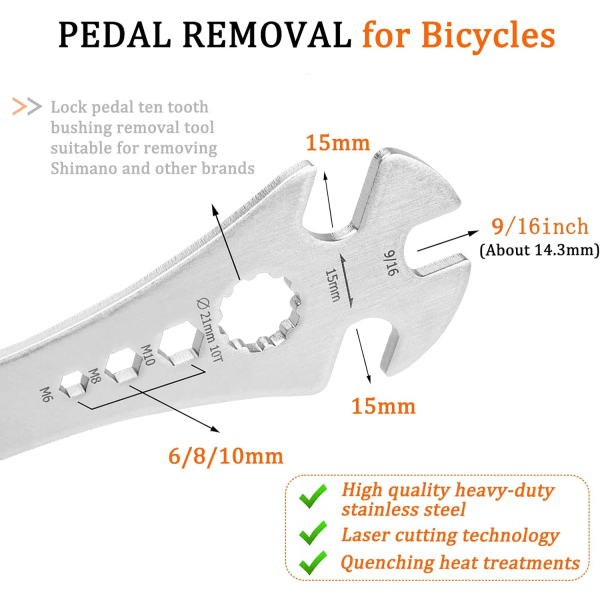 Ett sju i ett cykelpedalavlägsningsverktyg med 320 mm långt