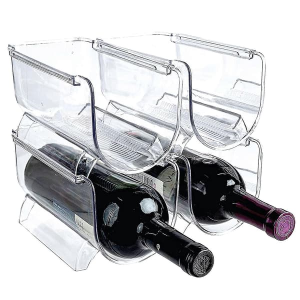 4-pack Wine and Water Bottle Organizer, Stackable Plastic Wine Holder for Pantry, Kitchen, Refrigerator, Four Compartments