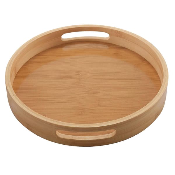 Round Bamboo Wood Serving Tray for Dinner Trays Tea Bar Breakfast Food Container Handle Storage T