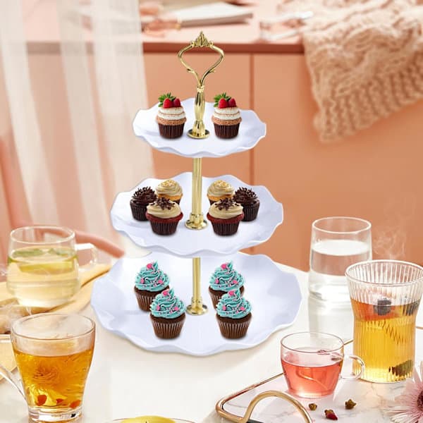 3-Tier Cake Stand, 2-Pack Cupcake Dessert Stand, Round Cake Stand, Reusable Appetizer Tray, Wedding Dessert Tray (White)