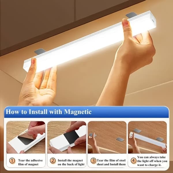 Oppladbar 20cm 2W bevegelsessensor LED-lampe for garderobe og skap, 4-pakning, hvit, USB-C, magnetisk montering, dimbar