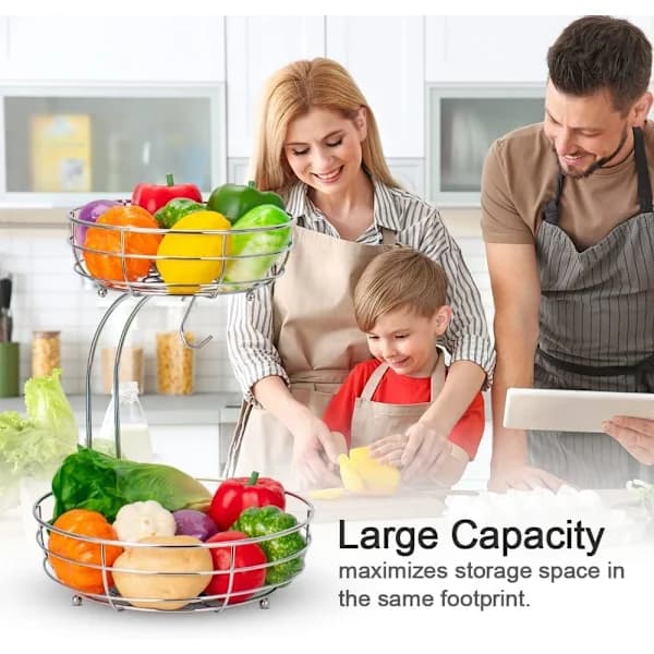 2-Tier Fruit Basket with Banana Hanger, Detachable Rust-Resistant Metal Storage Bowls for Kitchen Counter, Silver Silver Silver