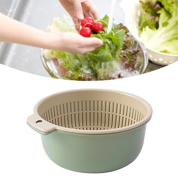 Fruit Vegetable Washing Basket Round Double Layer Kitchen Colander Bowl Set for Fruit Vegetable Washing Green