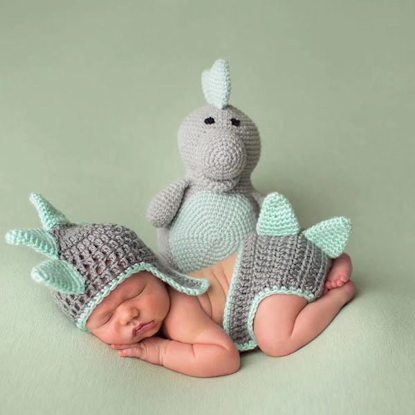 5 stk. Nyfødt Baby Pige/Dreng Hæklet Strikket Kostume Fotografering Rekvisitter Huer Outfits - Nyfødt Hæklet Strikket Outfit Dinosaur Hat