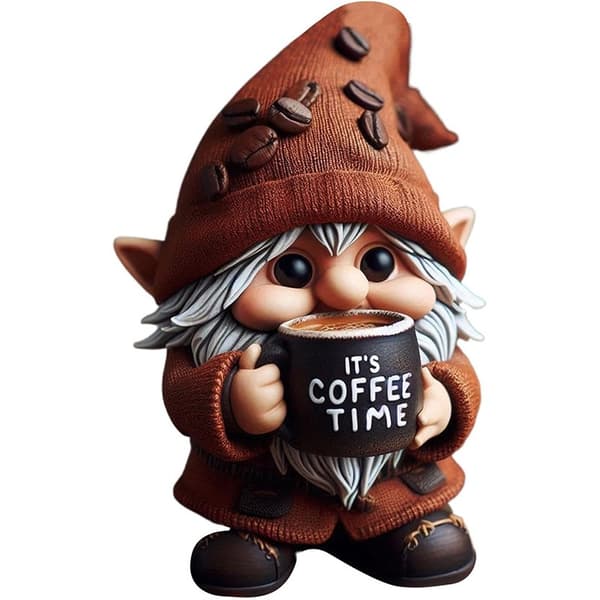 Trädgårdsdekoration med en tomtefigur som njuter av kaffe utomhus. VariantValue VariantValue