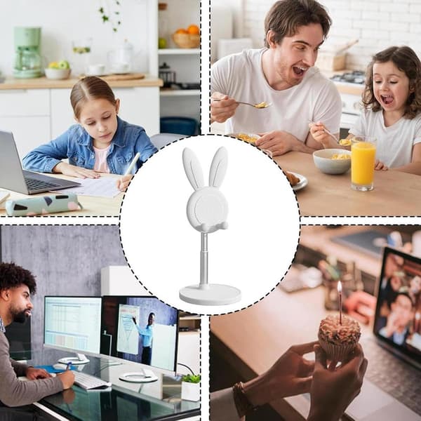 Phone Stand - Mobile Holder for Desk Adjustable Angle Cute Rabbit Universal for Phones and Tablets White_yu