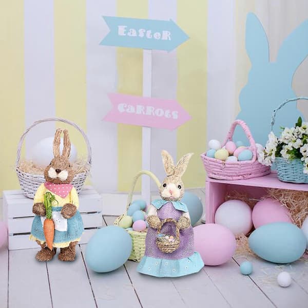 Rabbit Figurine Artificial Easter Straw Bunny Statue Animal Ornament for Easter Home Table Bookshelf Decorations