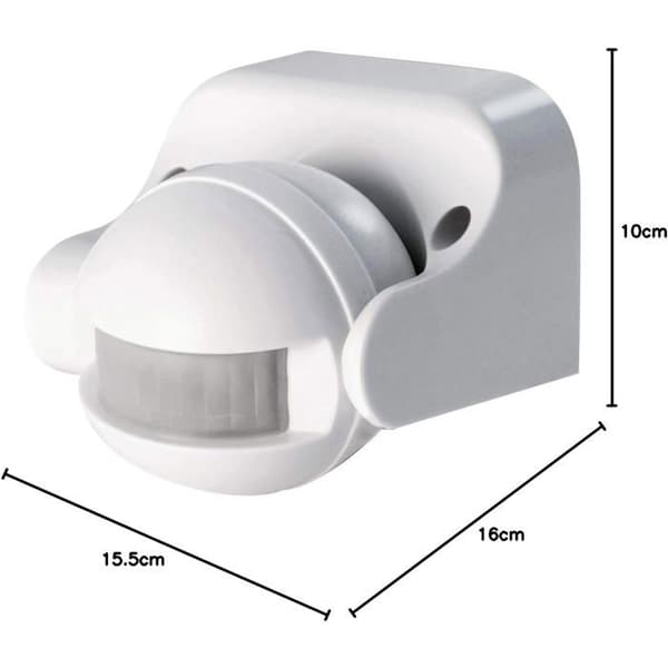 Outdoor motion detector with lighting; 12-meter detection range and 180° detection angle in open area.