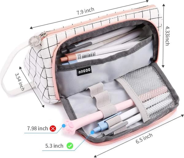 White Striped Pencil Case with 3 Compartments, Spacious Pencil Pouch
