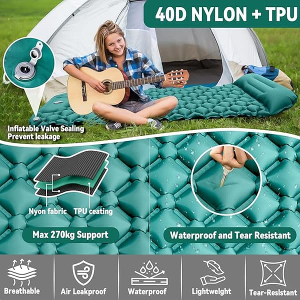 Portable Inflatable Camping Mattress with Pillow, Self-Inflating Beach Mat with Foot Pump