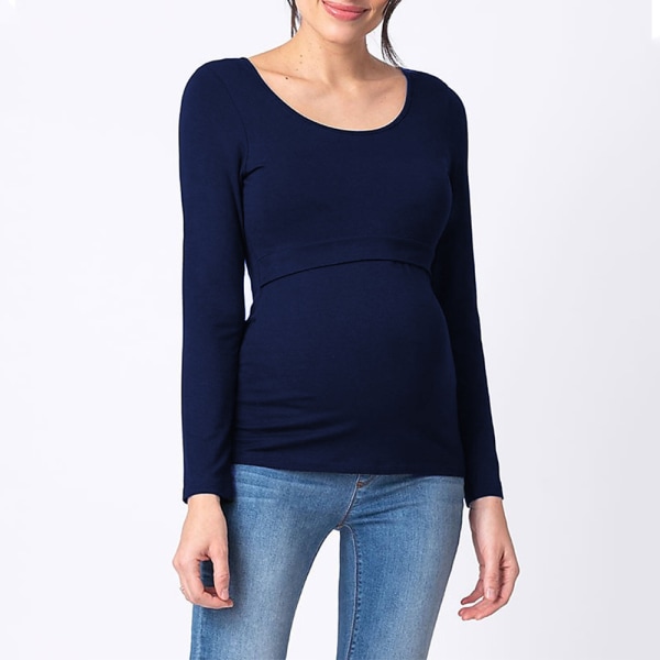 Ny moderskapskläder långärmad rundhalsad amnings-T-shirt hela säsongen - marinblå L