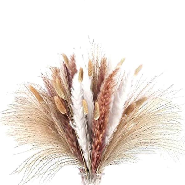 Pampas Grass 75 pcs 44 cm, Fluffy Stem Bouquet for Home Decor Wedding Boho Decor (4 Different Nat