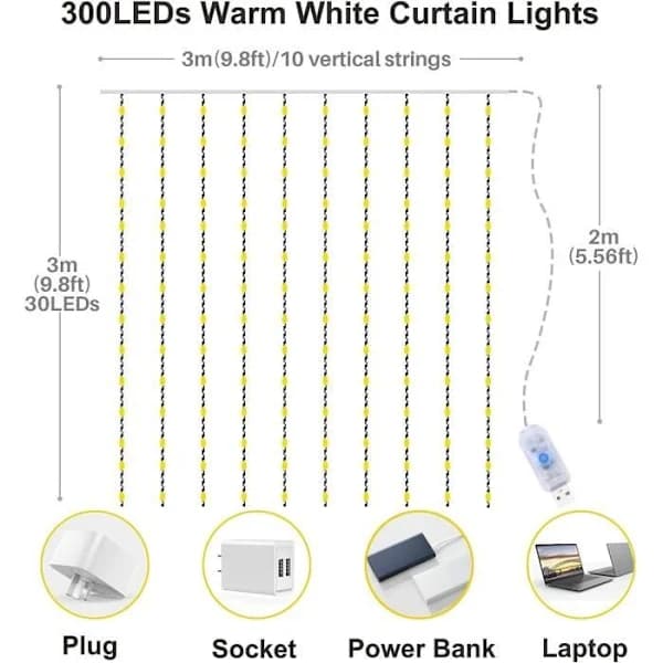 USB 300 LED Lyslenke Gardin - 3m*3m - 8 lysmoduser - Vanntett IP65 med timer og fjernkontroll