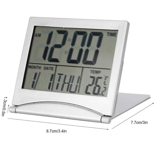 Digital LED-väckarklocka med kalender, termometer, snooze-timer, hopfällbar resebordsklocka för hemmakontor, resor, silver