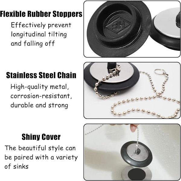 Allecto Plus - Universal Drain Plug 3 Pieces - Drain Plug with Chain - Bathroom & Kitchen